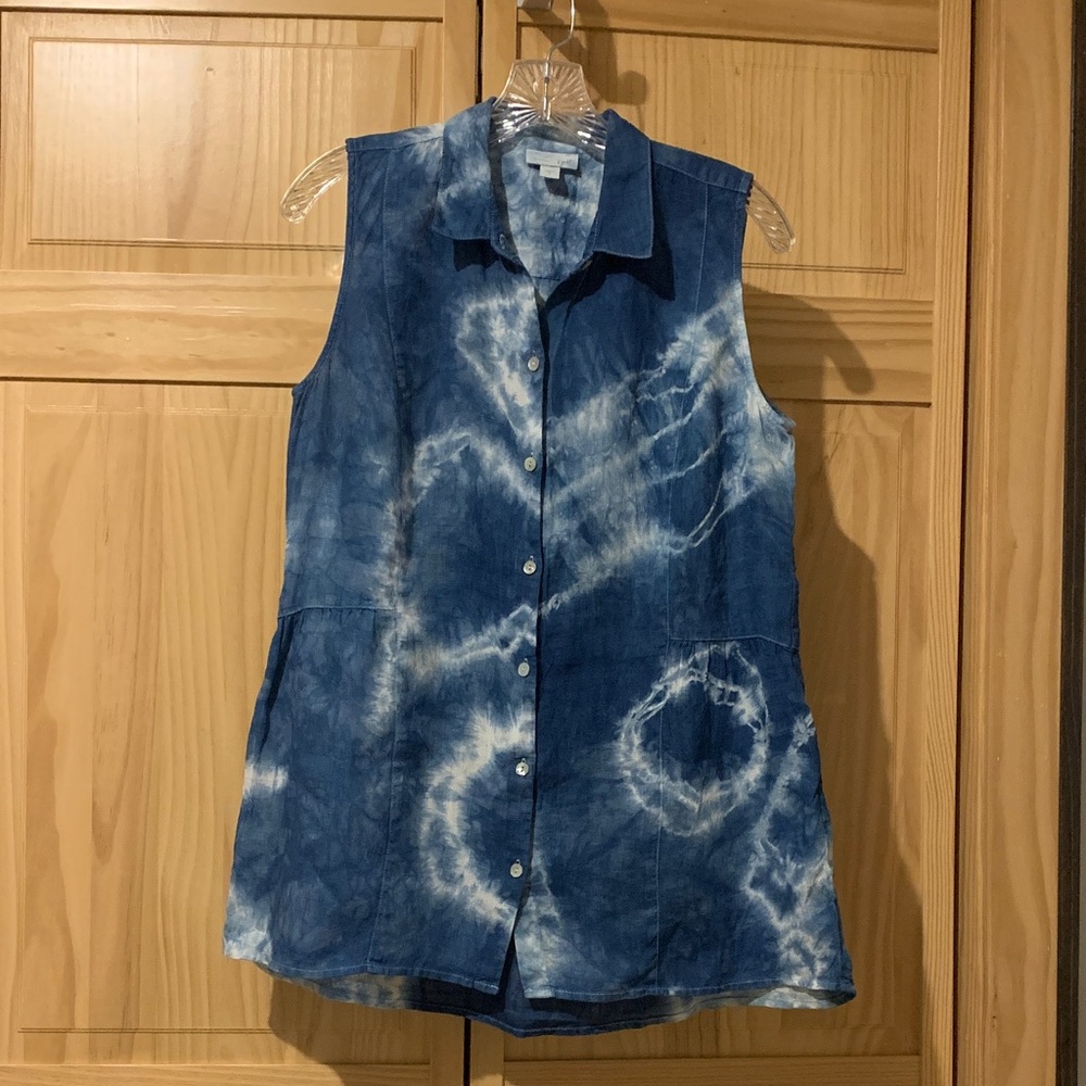 J. Jill Blue Linen Indigo Blue Tie-Dye Sleeveless Button Down Shirt/ Tunic